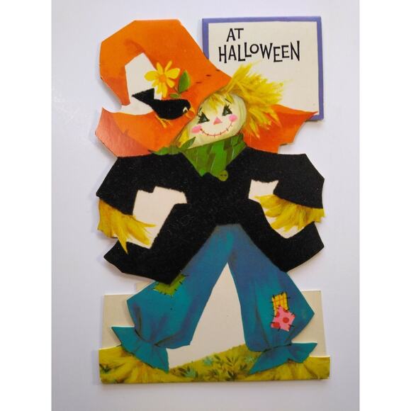 Vintage Halloween Greeting Card Flocked Diecut Standup Scarecrow & Black Bird - Picture 8 of 8